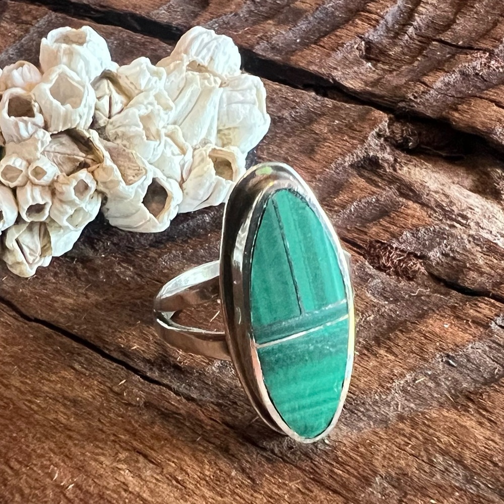 Native American Malachite Ring Gem Striped Sterling Silver Boho Travel Beach 6